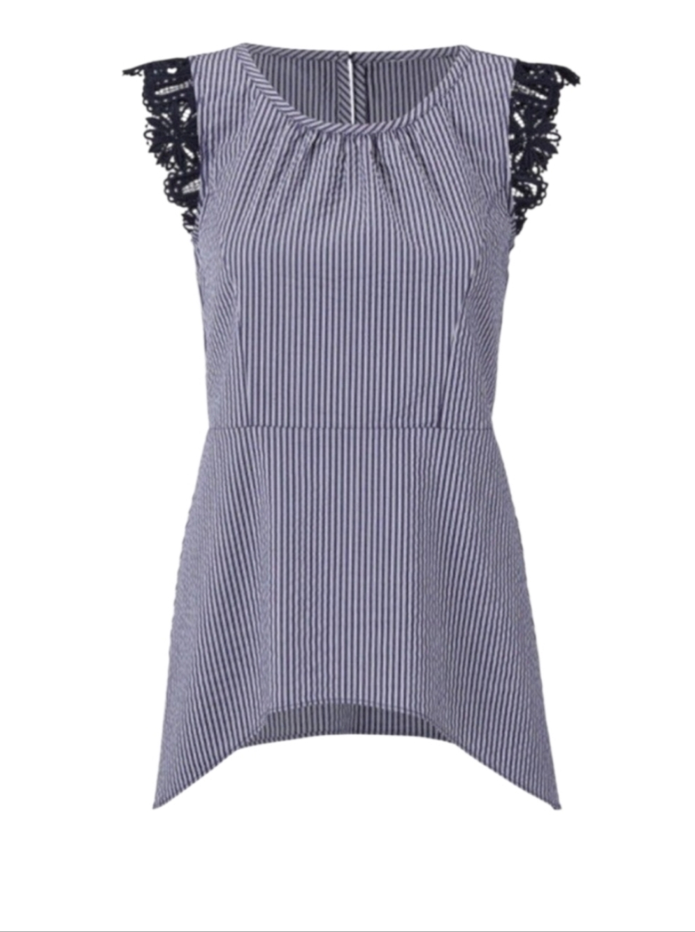 Cabi Seersucker Peplum Top Navy White‎ Stripe Lace Cap Sleeve S